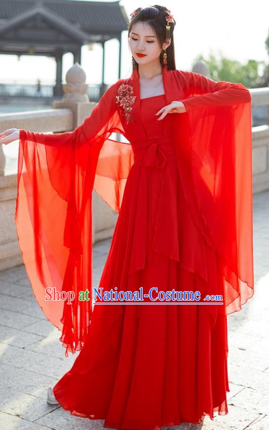 China Ancient Fairy Costume Tang Dynasty Woman Clothing Red Wide Sleeve Flow Fairy Dress