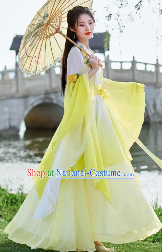 China Yellow Wide Sleeve Flow Fairy Dress Ancient Fairy Costume Tang Dynasty Woman Clothing