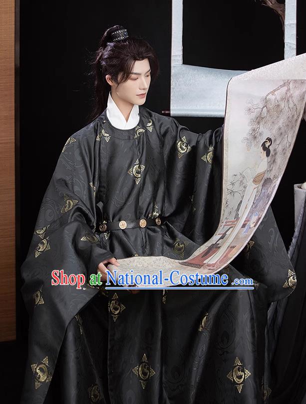 China Ancient Scholar Hanfu Black Round Collar Robe Ming Dynasty Young Childe Historical Costumes