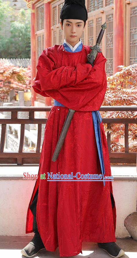 China Male Hanfu Red Round Collar Robe Tang Dynasty Young Hero Historical Costume Ancient Swordsman Clothing