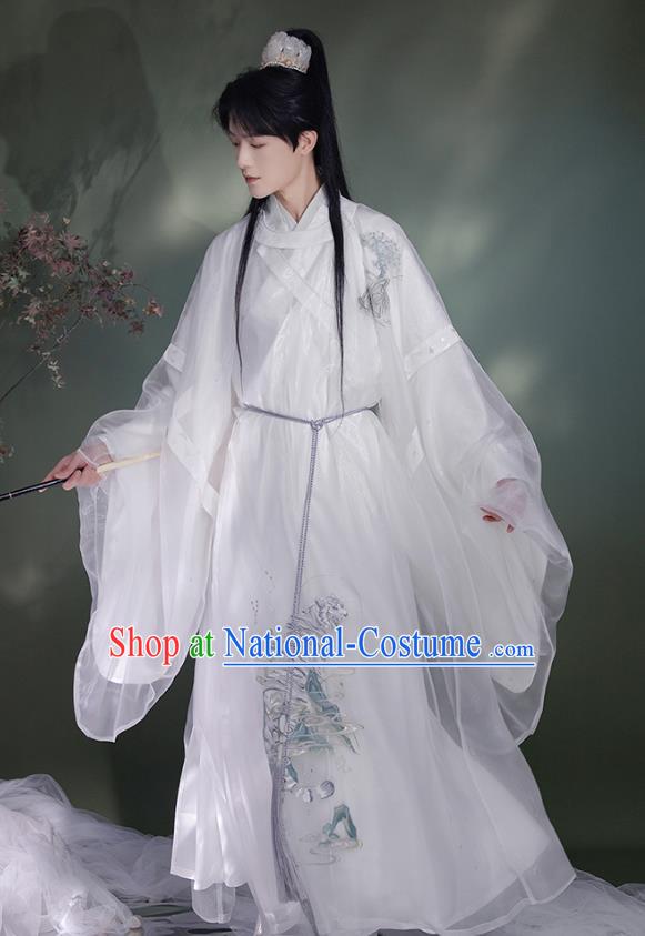 China Ancient Scholar Clothing Ming Dynasty Young Male Historical Costume White Hanfu Robe and Under Garment Complete Set