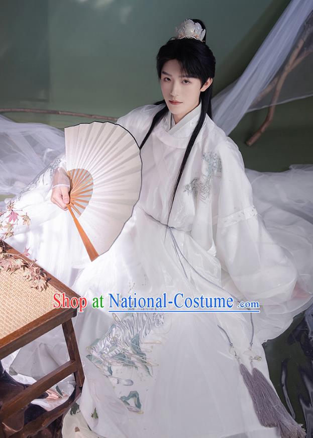 China Ancient Scholar Clothing Ming Dynasty Young Male Historical Costume White Hanfu Robe and Under Garment Complete Set