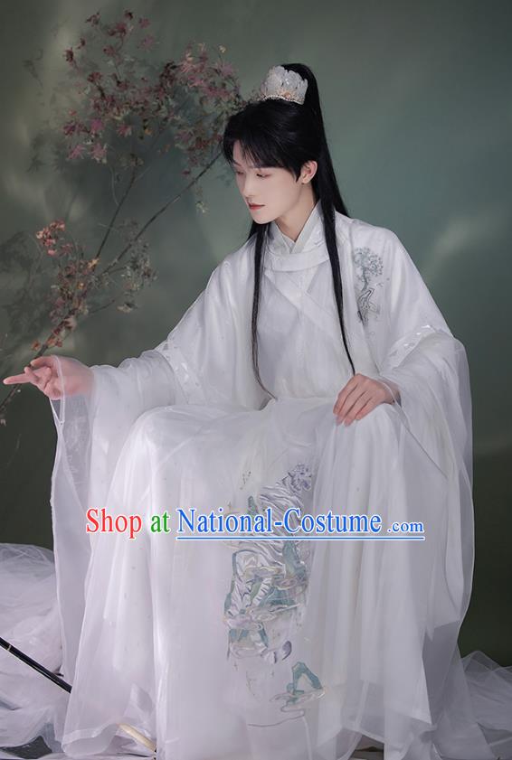 China Ancient Scholar Clothing Ming Dynasty Young Male Historical Costume White Hanfu Robe and Under Garment Complete Set