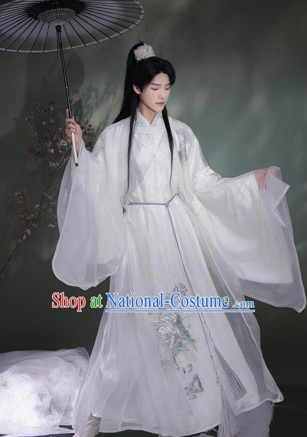 China Ancient Scholar Clothing Ming Dynasty Young Male Historical Costume White Hanfu Robe and Under Garment Complete Set