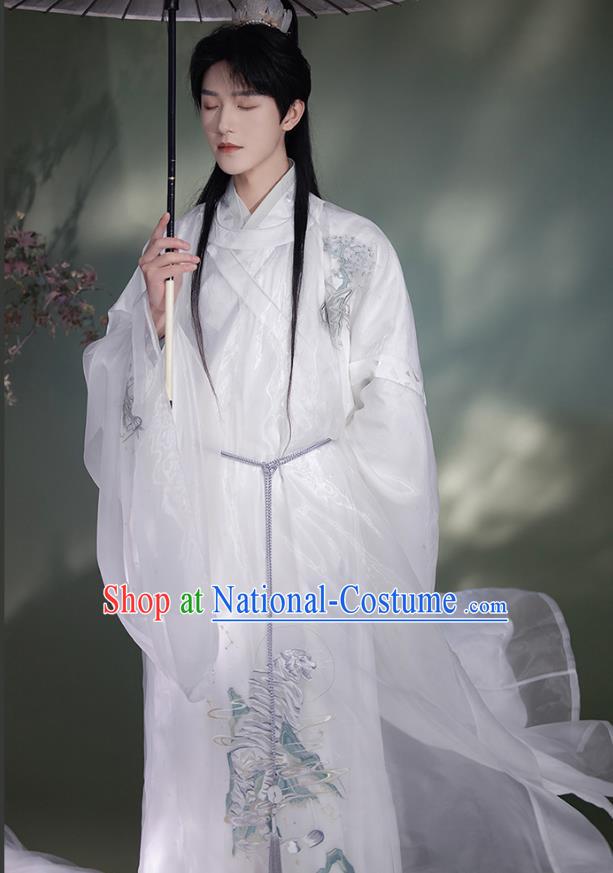 China Ancient Scholar Clothing Ming Dynasty Young Male Historical Costume White Hanfu Robe and Under Garment Complete Set