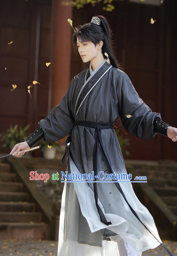 China Male Black Hanfu Ancient Swordsman Clothing Song Dynasty Young Hero Historical Costumes