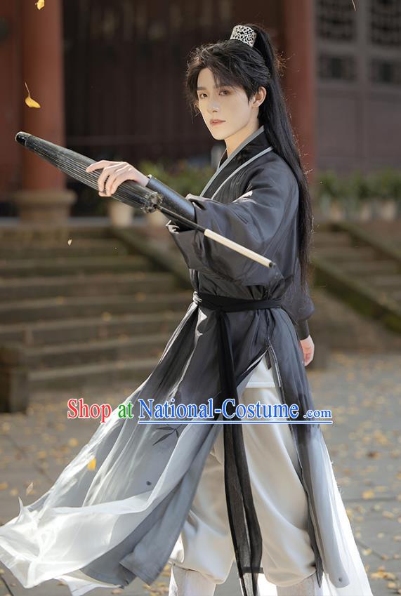 China Male Black Hanfu Ancient Swordsman Clothing Song Dynasty Young Hero Historical Costumes