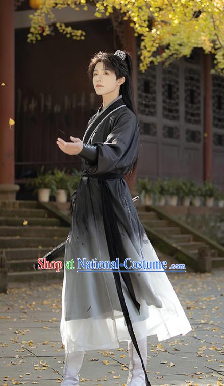 China Male Black Hanfu Ancient Swordsman Clothing Song Dynasty Young Hero Historical Costumes