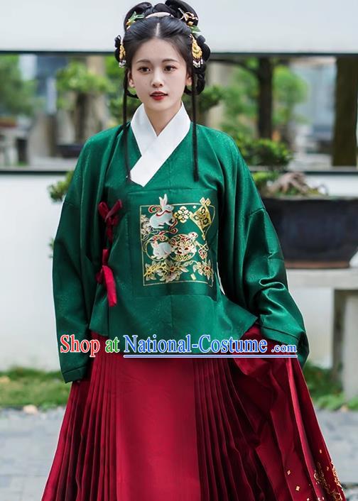 China Ancient Noble Lady Clothing Ming Dynasty Female Historical Costumes Hanfu Green Brocade Blouse and Red Mamian Skirt Complete Set