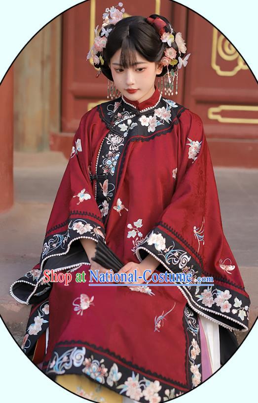 China Qing Dynasty Historical Costumes Embroidered Red Blouse and White Mamian Skirt Ancient Noble Lady Clothing