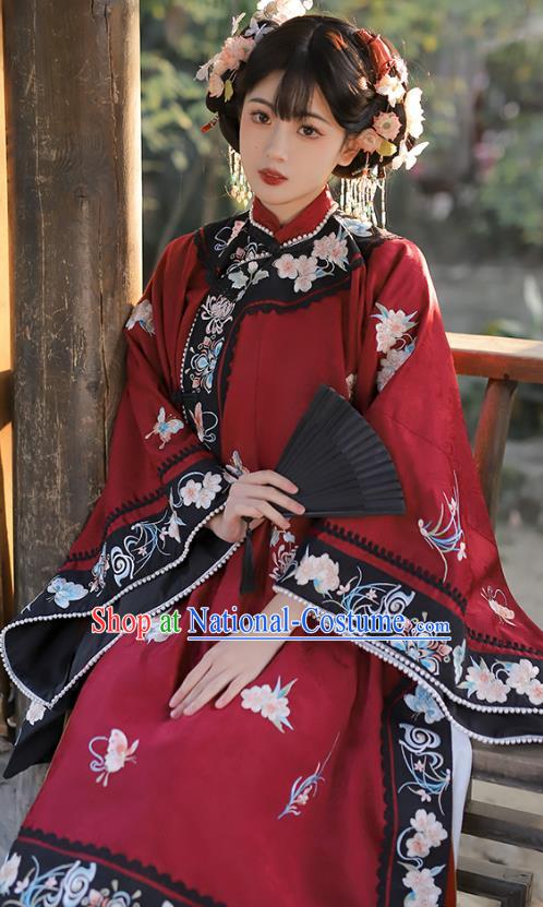 China Qing Dynasty Historical Costumes Embroidered Red Blouse and White Mamian Skirt Ancient Noble Lady Clothing