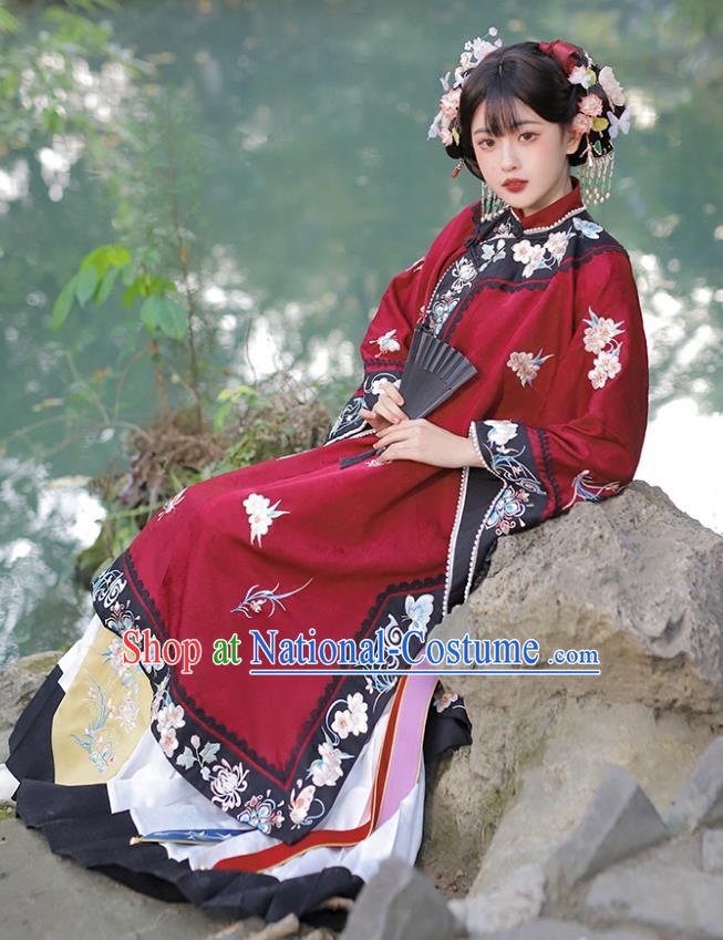 China Qing Dynasty Historical Costumes Embroidered Red Blouse and White Mamian Skirt Ancient Noble Lady Clothing