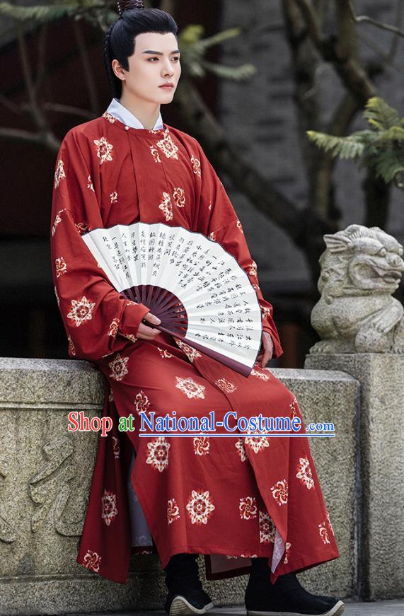 China Male Hanfu Red Round Collar Robe Ancient Young Warrior Clothing Tang Dynasty Swordsman Historical Costume