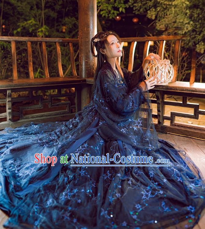 China Ancient Royal Princess Clothing Tang Dynasty Historical Costumes Female Hanfu Dark Blue Ruqun