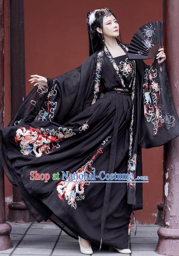 China Female Hanfu Black Ruqun Ancient Fairy Clothing Song Dynasty Embroidered Historical Costumes