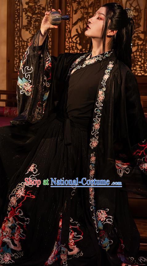 China Ancient Swordsman Clothing Song Dynasty Embroidered Historical Costumes Male Hanfu Black Ruqun Complete Set