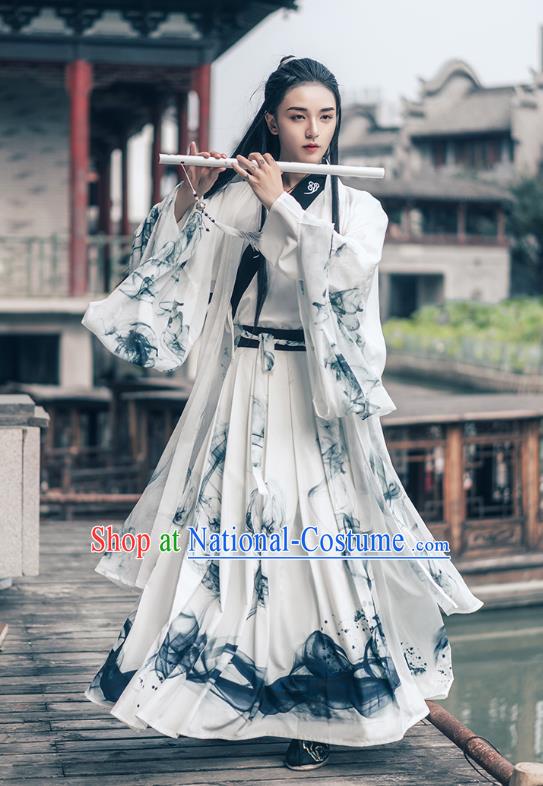 China Jin Dynasty Young Childe Historical Costumes Man Hanfu Ancient Swordsman Ink Painting Clothing