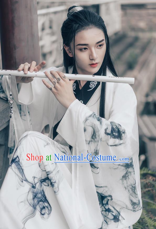 China Jin Dynasty Young Childe Historical Costumes Man Hanfu Ancient Swordsman Ink Painting Clothing