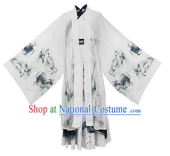 China Jin Dynasty Young Childe Historical Costumes Man Hanfu Ancient Swordsman Ink Painting Clothing