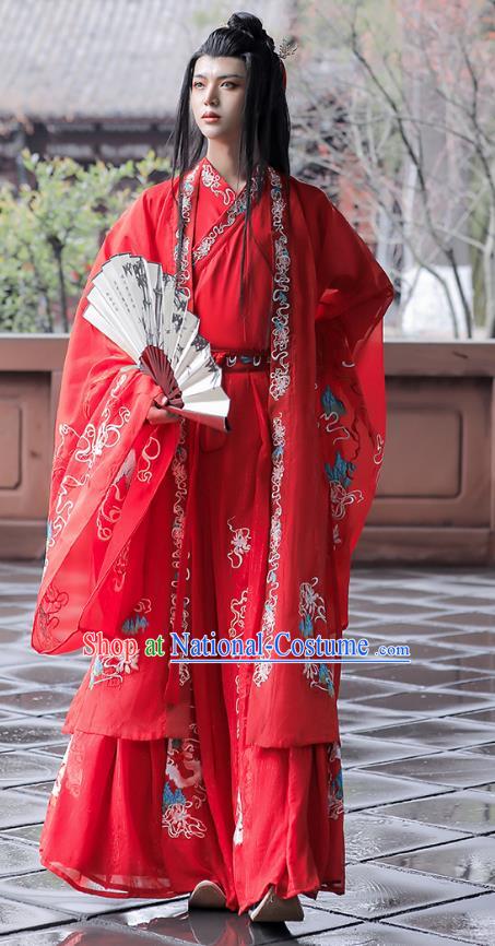 China Song Dynasty Young Childe Replica Costumes Hanfu Embroidered Wedding Dress Ancient Scholar Red Clothing