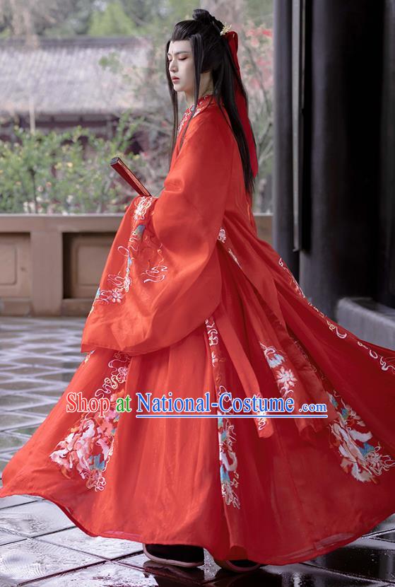 China Song Dynasty Young Childe Replica Costumes Hanfu Embroidered Wedding Dress Ancient Scholar Red Clothing