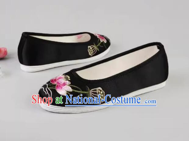 Handmade Old Peking Shoes Black Satin Shoes Chinese Embroidered Shoes