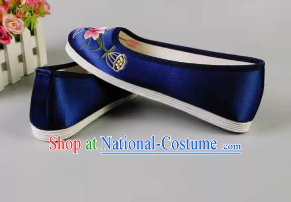 Chinese Dark Blue Satin Shoes Embroidered Lotus Shoes Handmade Old Peking Shoes