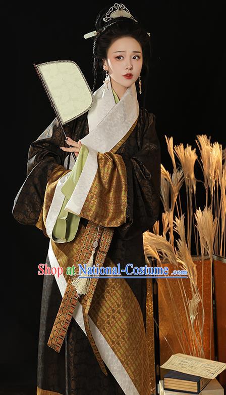 China Traditional Hanfu Costumes Ancient Empress Clothing Han Dynasty Mawangdui Curving Front Robe Complete Set