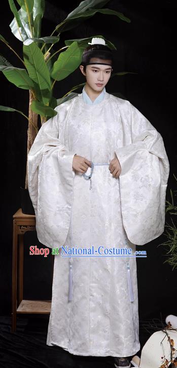 China Ming Dynasty Scholar Costumes Traditional Hanfu Male White Round Collar Robe Ancient Royal Prince Clothing