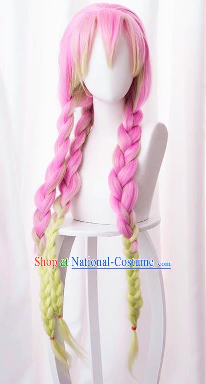 Demon Slayer Kimetsu No Yaiba Kanroji Mi Glass Pink Purple Gradient Green Three Twist Braids Cos Wig