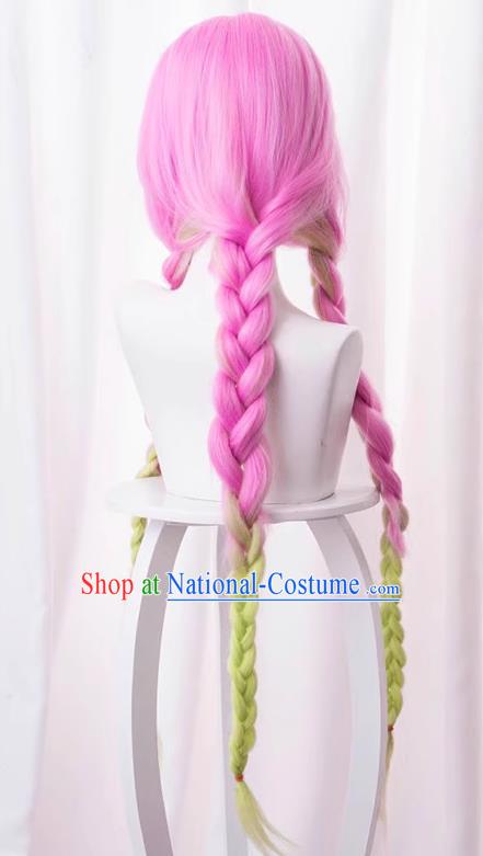 Demon Slayer Kimetsu No Yaiba Kanroji Mi Glass Pink Purple Gradient Green Three Twist Braids Cos Wig