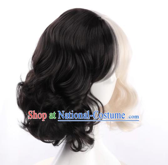 European And American Style Black And White Double Color High Temperature Wire Wig For Ladies With Short Curly Hair