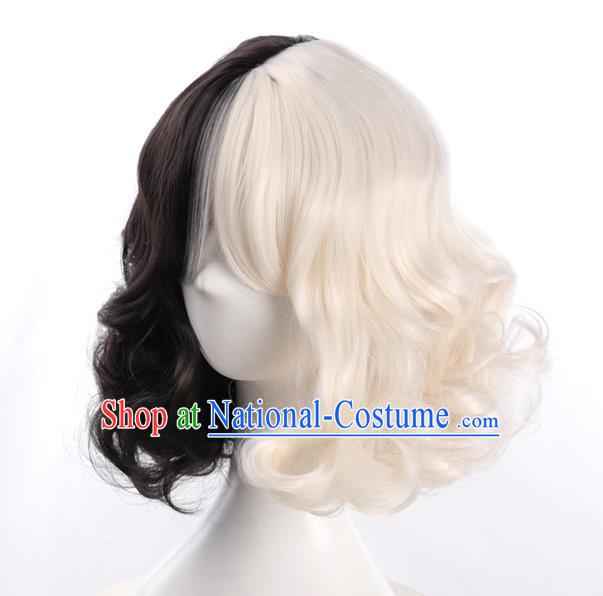 European And American Style Black And White Double Color High Temperature Wire Wig For Ladies With Short Curly Hair