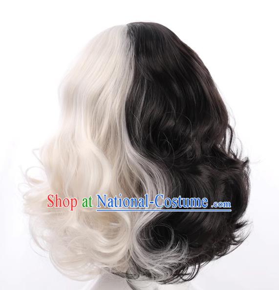 European And American Style Black And White Double Color High Temperature Wire Wig For Ladies With Short Curly Hair