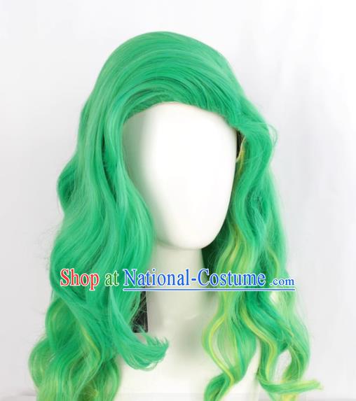 European And American Front Flip Up Style Women Whole Wig Green Gradient Yellow Large Wavy Medium Long Curly Hair