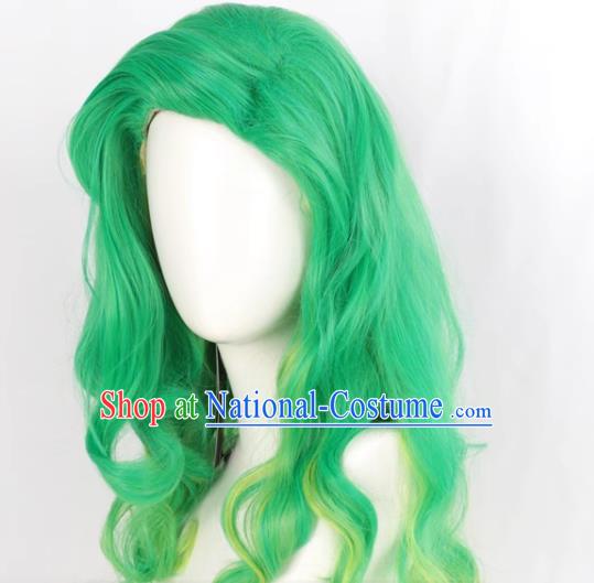 European And American Front Flip Up Style Women Whole Wig Green Gradient Yellow Large Wavy Medium Long Curly Hair