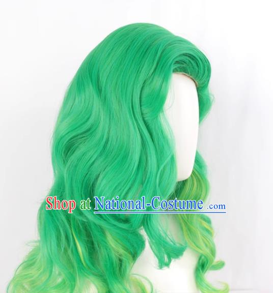 European And American Front Flip Up Style Women Whole Wig Green Gradient Yellow Large Wavy Medium Long Curly Hair