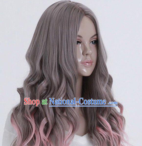 European And American Long Curly Hair Corn Perm Gray Gradient Pink Middle Parted Scalp Ladies Prom Lolita Wig