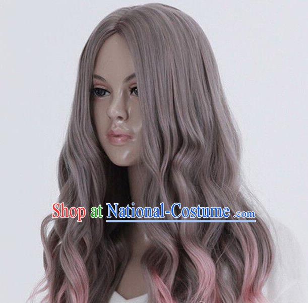 European And American Long Curly Hair Corn Perm Gray Gradient Pink Middle Parted Scalp Ladies Prom Lolita Wig