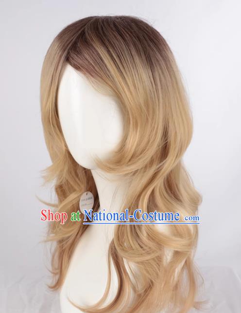 Mixed Flaxen Slightly Curly Mid Length Women Slanted Bangs Full Wig