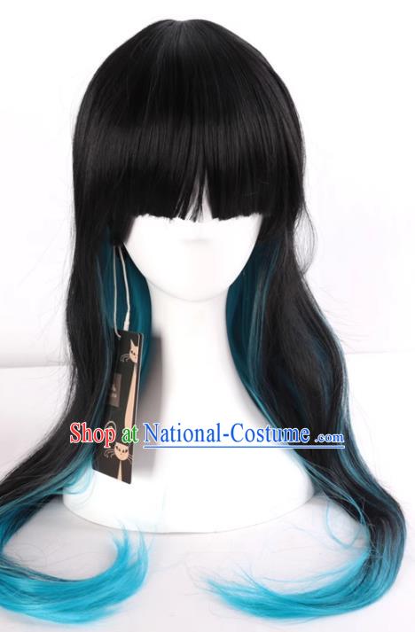 Harajuku Long Straight Hair Black Mixed Blue Gradient Fake Hair Cosplay Rose Net Full Wig