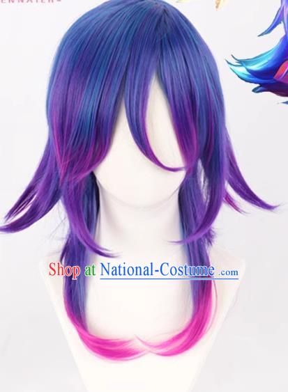 Nicole Wanhua Psychic Purple Blue Curved Short Hair Female Animation Cos Wig