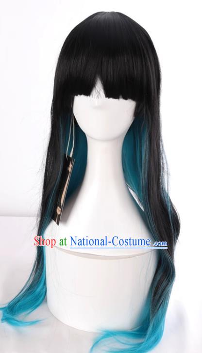 Harajuku Long Straight Hair Black Mixed Blue Gradient Fake Hair Cosplay Rose Net Full Wig