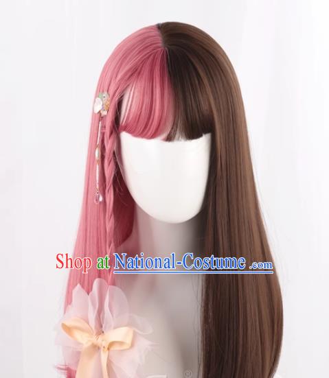 Wig For Women With Long Straight Hair Lolita Natural Internet Celebrity Color Matching Gradient Pink And Brown Two Color Girl Full Fake Hair