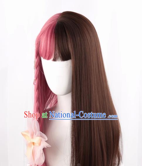 Wig For Women With Long Straight Hair Lolita Natural Internet Celebrity Color Matching Gradient Pink And Brown Two Color Girl Full Fake Hair