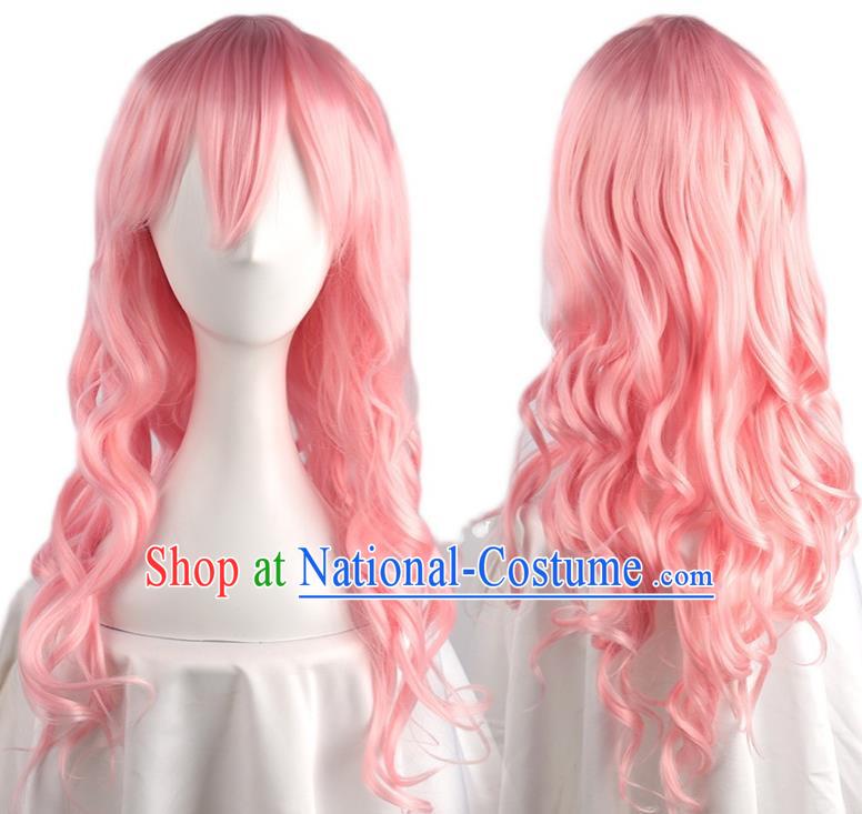 High Temperature Silk Rose Mesh Water Pink Oblique Bangs Big Wavy Long Curly Hair Cos Wig