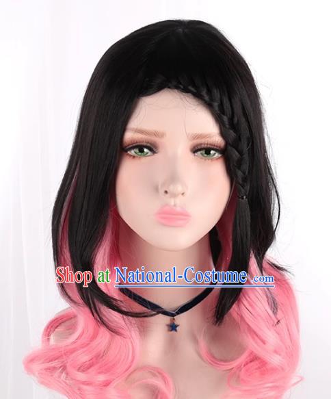 Lolita Girls Fake Hair Black Mixed Pink Side Braids Cos Daily Wig