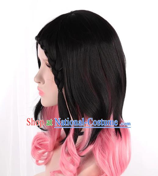 Lolita Girls Fake Hair Black Mixed Pink Side Braids Cos Daily Wig