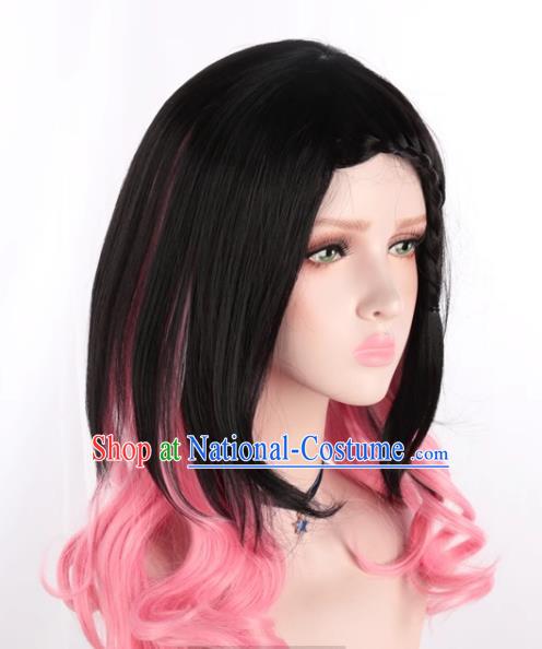 Lolita Girls Fake Hair Black Mixed Pink Side Braids Cos Daily Wig