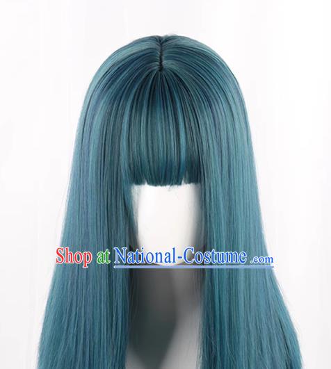 Wig For Women With Medium Long Straight Hair Fashionable Mixed Blue Clavicle Hair Full Headband Inner Buckle At The End Trendy Short Straight Hair